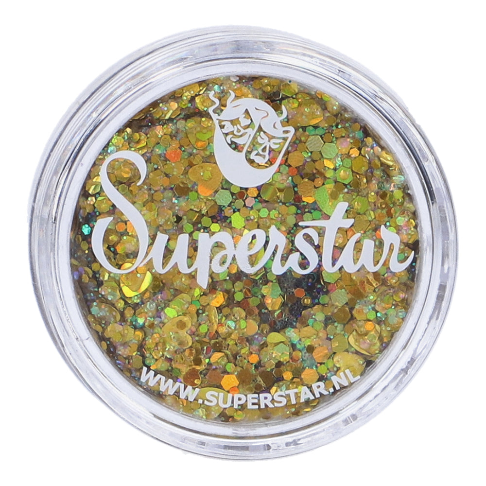 Paillettes en crème Chunky Glitter Superstar golden sunlight, mélange de paillettes dorées de différentes tailles pour maquillage festif.