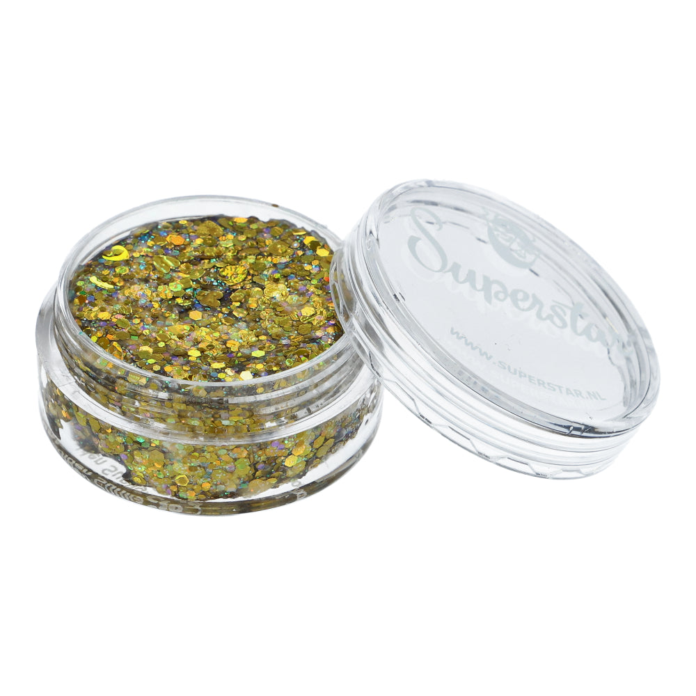Paillettes en crème Chunky Glitter Superstar golden sunlight, mélange de paillettes dorées de différentes tailles pour maquillage festif.