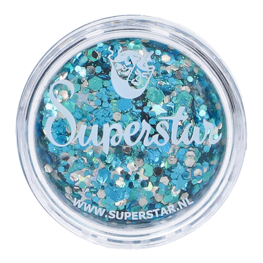 Paillettes en crème Chunky Glitter Superstar ice queen, mélange de paillettes bleues et holographiques de différentes tailles pour maquillage festif.