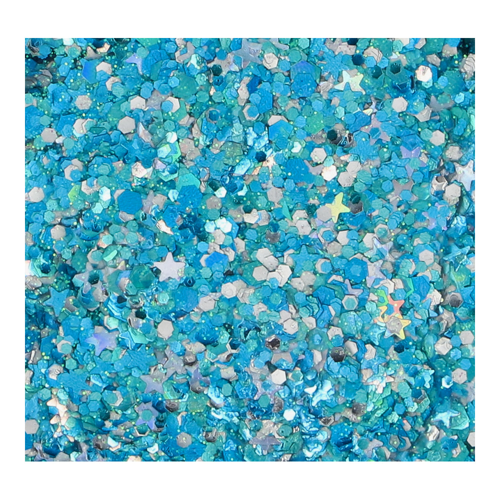 Paillettes en crème Chunky Glitter Superstar ice queen, mélange de paillettes bleues et holographiques de différentes tailles pour maquillage festif.