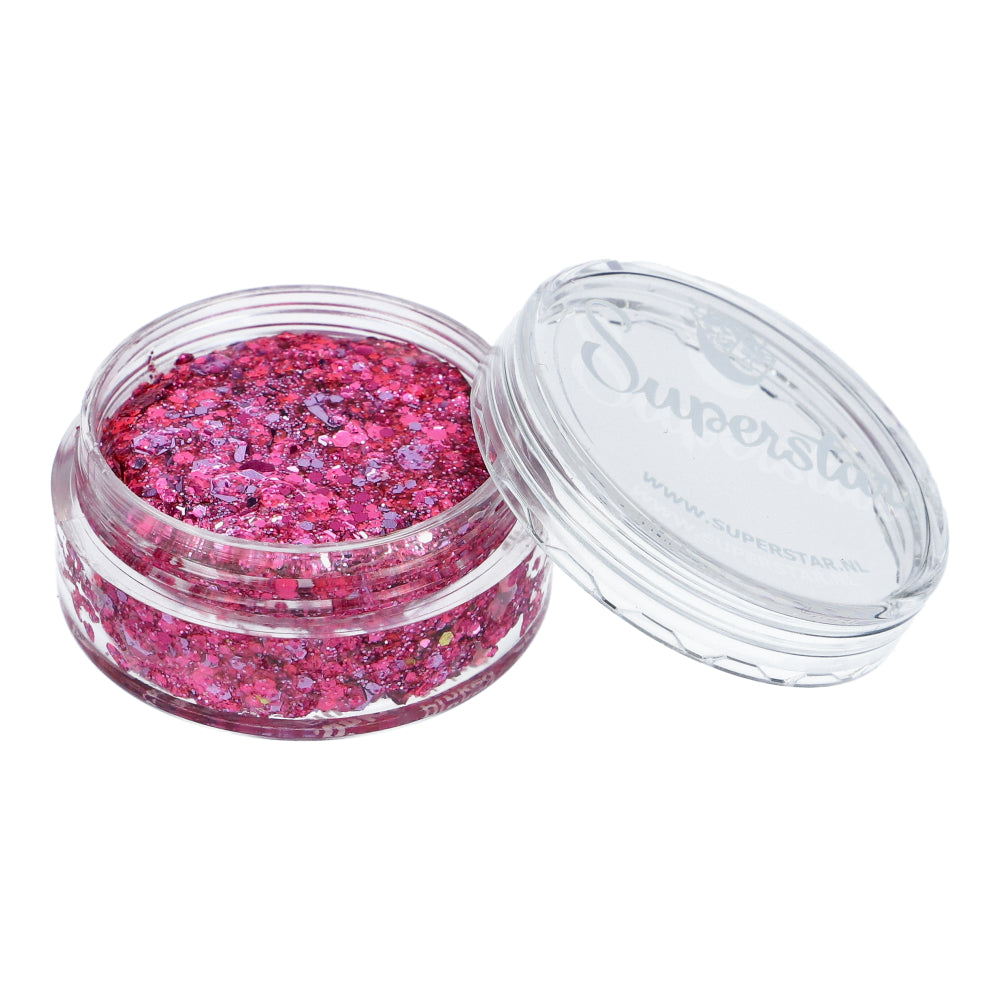 Crème de paillettes Chunky Glitter Superstar couleur rose, mélange de paillettes roses et holographiques de différentes tailles pour maquillage festif