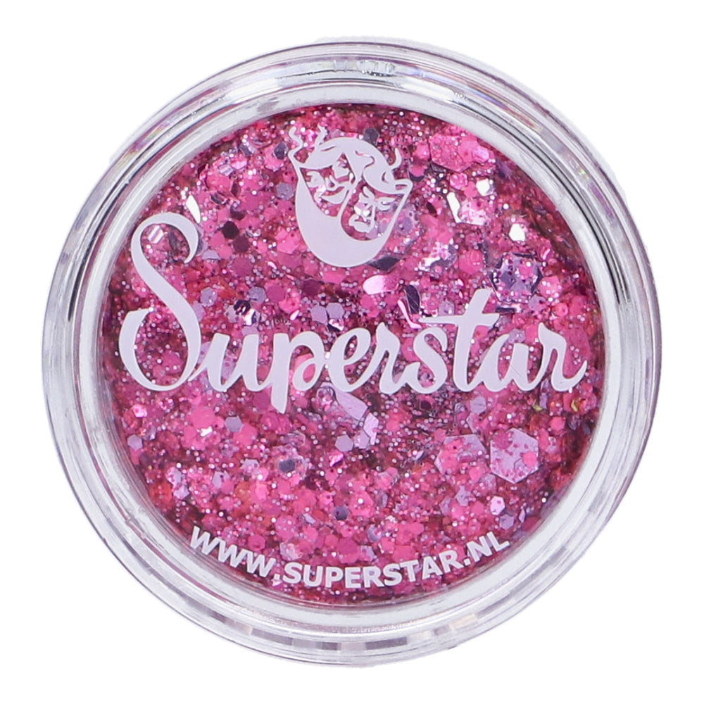 Crème de paillettes Chunky Glitter Superstar couleur P!nked, mélange de paillettes roses et holographiques de différentes tailles pour maquillage festif