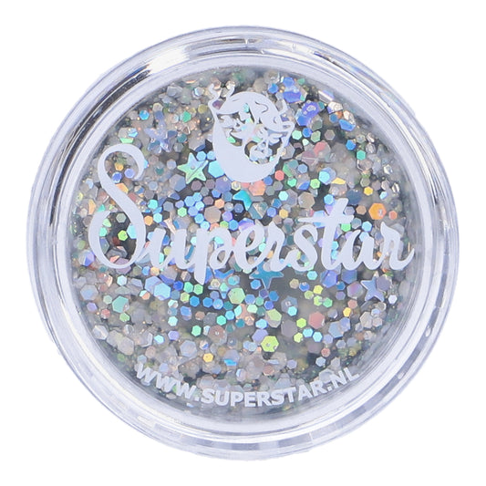Paillettes en crème Chunky Glitter Superstar Silver Starlight, mélange de paillettes argentées et holographiques de différentes tailles pour maquillage festif.