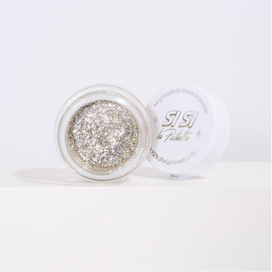 Gel Pailleté biodégradable Runway SiSi La Paillette, contenant des paillettes brillantes et fines dans un mélange doré et argenté.