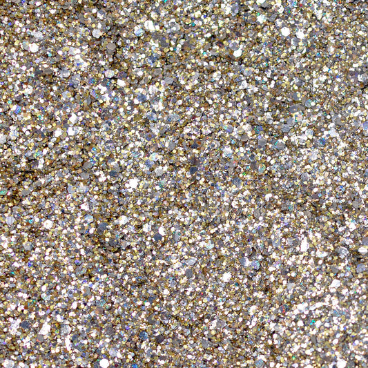 Gel Pailleté biodégradable Runway SiSi La Paillette, contenant des paillettes brillantes et fines dans un mélange doré et argenté.