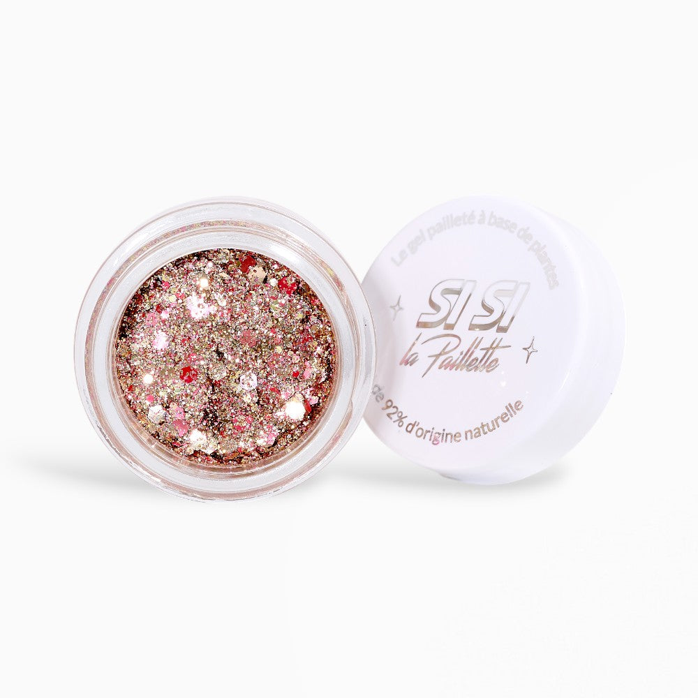Gel Pailleté biodégradable Vegas bebe SiSi La Paillette, contenant des paillettes brillantes et fines dans un mélange doré et rose.