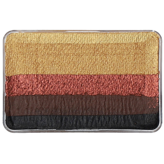 Zoom sur la texture irisée du maquillage Superstar Safari, montrant le dégradé de fards à l'eau jaune doré, cuivre et marron.